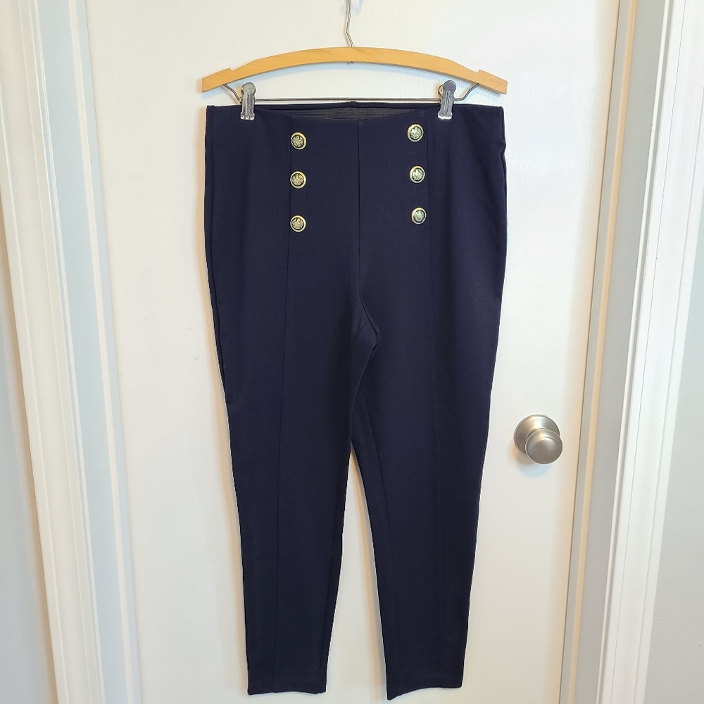 Truth Navy High-Waist Ankle Sailor Pants with Gold Buttons